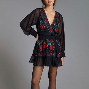 Anthropologie Embroidered Wrap Mini Dress